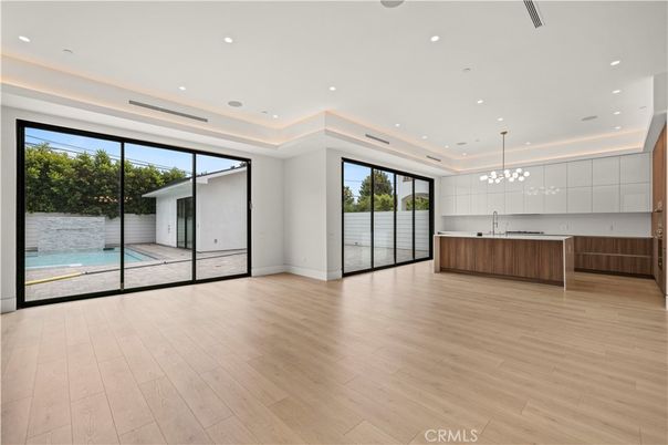 Empty room, Interior, Kitchen, Pendant Lights, Recessed Lighting, Wood Texture Flooring