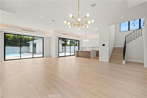 Empty room, Interior, Kitchen, Pendant Lights, Recessed Lighting, Wood Texture Flooring