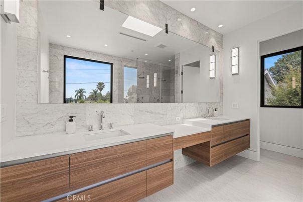 Bathroom, Dual Sink Vanities, Glass Shower, Interior, Marble Walls, Recessed Lighting