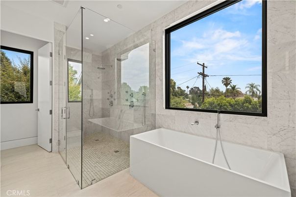 Bathroom, Free Standing Baths, Glass Shower, Interior, Marble Walls, Recessed Lighting