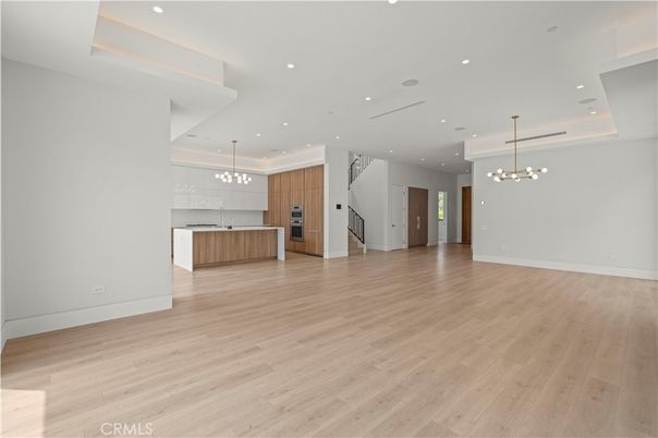 Empty room, Interior, Kitchen, Pendant Lights, Recessed Lighting, Wood Texture Flooring