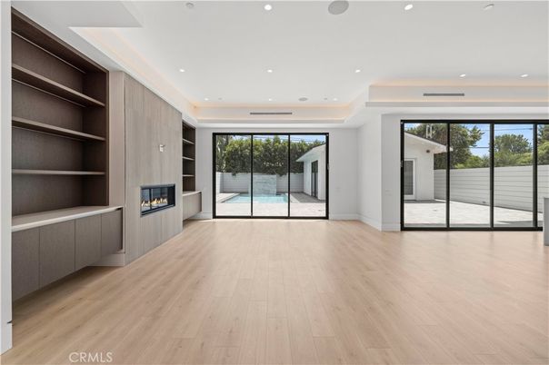 Empty room, Fireplace, Interior, Recessed Lighting, Wood Texture Flooring