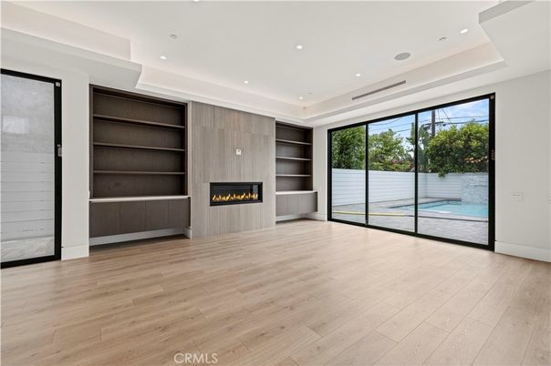 Empty room, Fireplace, Interior, Recessed Lighting, Wood Texture Flooring