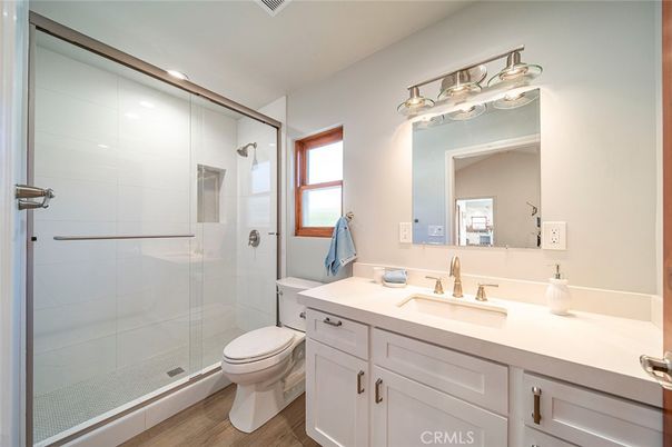 Bathroom, Glass Shower, Interior, Recessed Lighting, Wood Texture Flooring