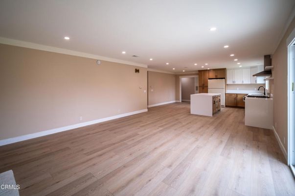 Empty room, Interior, Kitchen, Recessed Lighting, Wood Texture Flooring