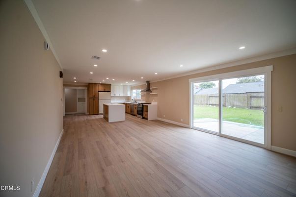 Empty room, Interior, Kitchen, Recessed Lighting, Wood Texture Flooring
