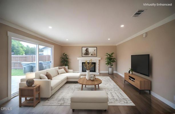 Fireplace, Interior, Living room, Recessed Lighting, Wood Texture Flooring