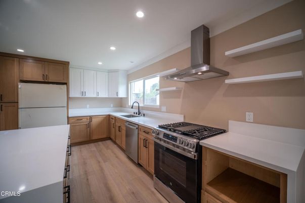 Interior, Kitchen, Recessed Lighting, Stainless Steel Appliances, Wood Texture Flooring