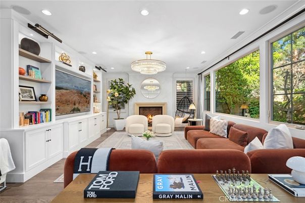 Chandelier, Fireplace, Interior, Living room, Recessed Lighting, Wood Texture Flooring