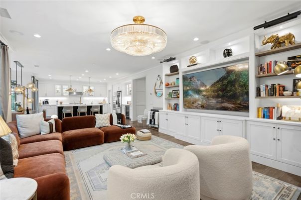 Chandelier, Interior, Kitchen, Living room, Pendant Lights, Recessed Lighting, Wood Texture Flooring