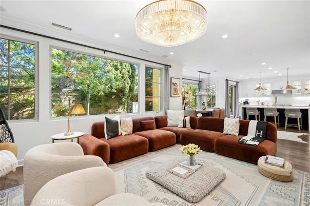 Chandelier, Dining room, Interior, Kitchen, Living room, Pendant Lights, Recessed Lighting, Wood Texture Flooring
