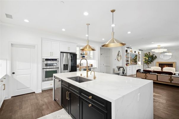 Fireplace, Interior, Kitchen, Living room, Pendant Lights, Recessed Lighting, Stainless Steel Appliances, Wood Texture Flooring
