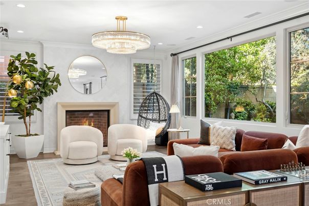 Chandelier, Fireplace, Interior, Living room, Recessed Lighting, Wood Texture Flooring