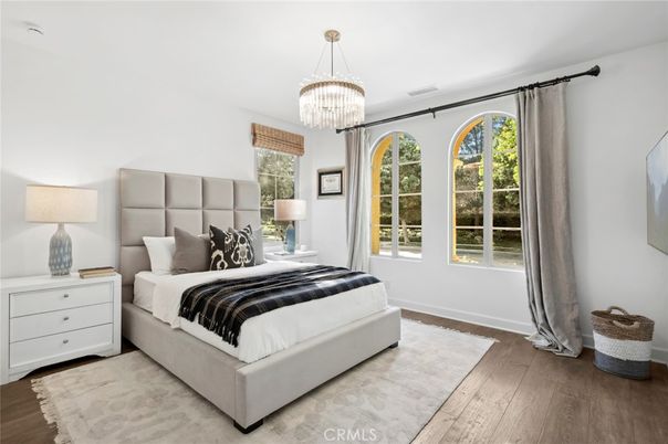 Bedroom, Chandelier, Interior, Wood Texture Flooring