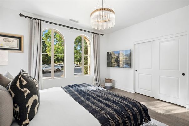Bedroom, Chandelier, Interior, Wood Texture Flooring