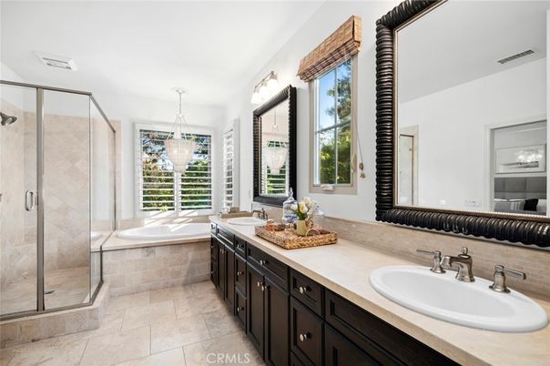 Bathroom, Dual Sink Vanities, Glass Shower, Interior, Pendant Lights