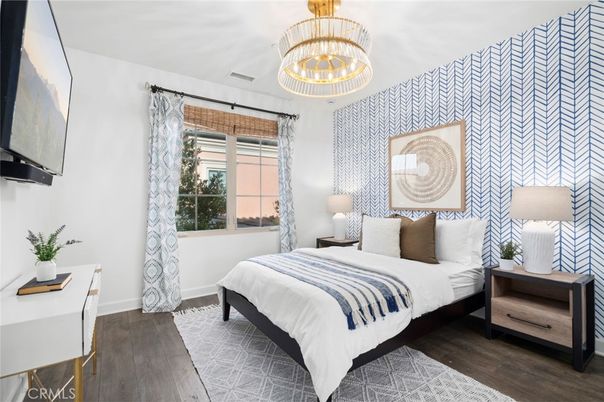 Bedroom, Chandelier, Interior, Pendant Lights, Wood Texture Flooring
