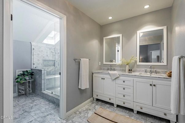 Bathroom, Dual Sink Vanities, Glass Shower, Interior, Marble, Recessed Lighting