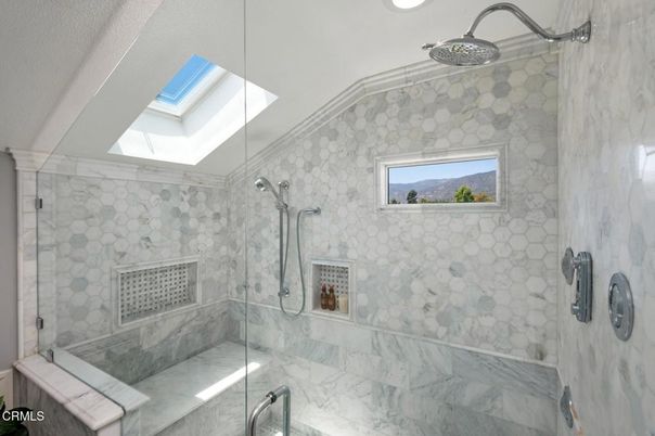 Bathroom, Glass Shower, Interior, Marble Walls, Recessed Lighting