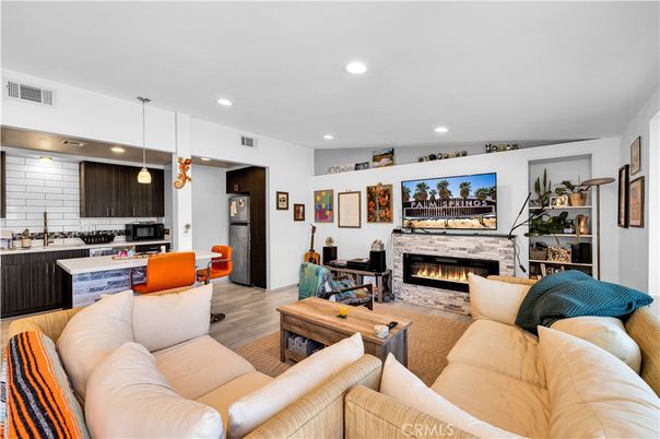 Fireplace, Interior, Kitchen, Living room, Pendant Lights, Recessed Lighting, Wood Texture Flooring