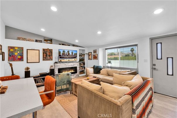 Fireplace, Interior, Living room, Recessed Lighting, Wood Texture Flooring