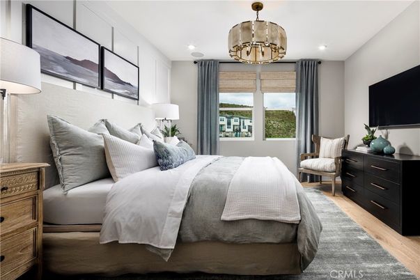 Bedroom, Interior, Pendant Lights, Recessed Lighting, Wood Texture Flooring