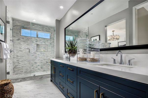 Bathroom, Dual Sink Vanities, Glass Shower, Interior, Marble, Recessed Lighting