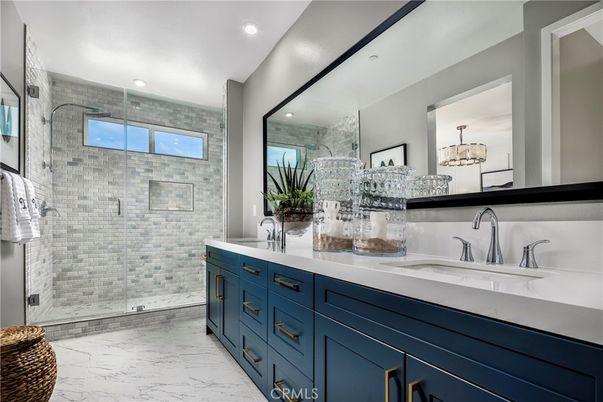 Bathroom, Dual Sink Vanities, Glass Shower, Interior, Marble, Recessed Lighting