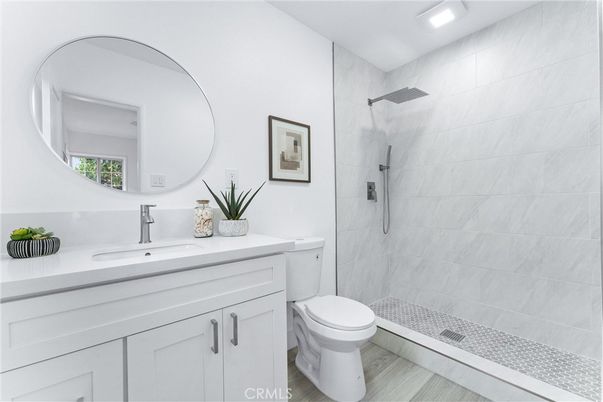 Bathroom, Glass Shower, Interior, Recessed Lighting, Wood Texture Flooring