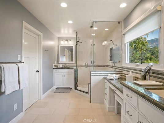Bathroom, Dual Sink Vanities, Glass Shower, Interior, Recessed Lighting