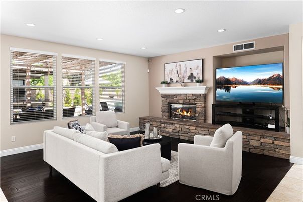 Fireplace, Interior, Living room, Recessed Lighting, Wood Texture Flooring