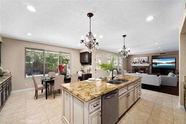 Chandelier, Dining room, Fireplace, Interior, Kitchen, Living room, Recessed Lighting