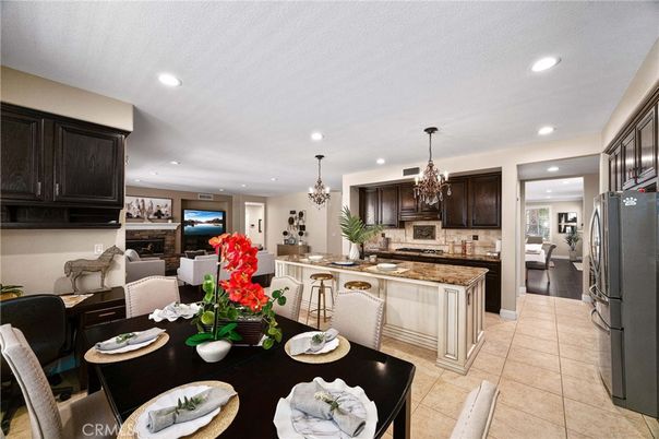 Chandelier, Dining room, Fireplace, Interior, Kitchen, Living room, Recessed Lighting