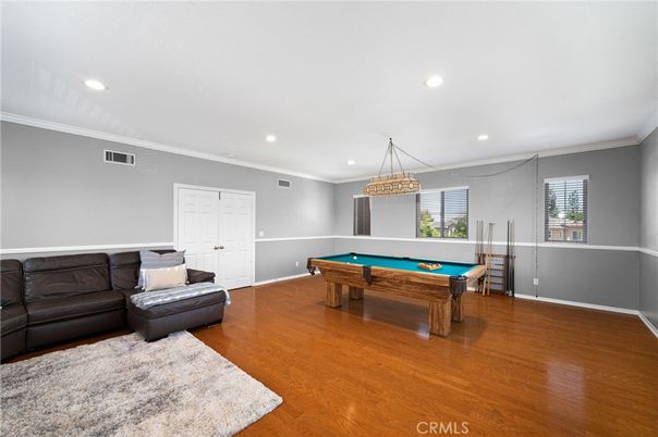 Billiard Table, Chandelier, Game Room, Interior, Recessed Lighting, Wood Texture Flooring