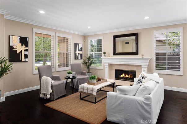 Fireplace, Interior, Living room, Recessed Lighting, Wood Texture Flooring