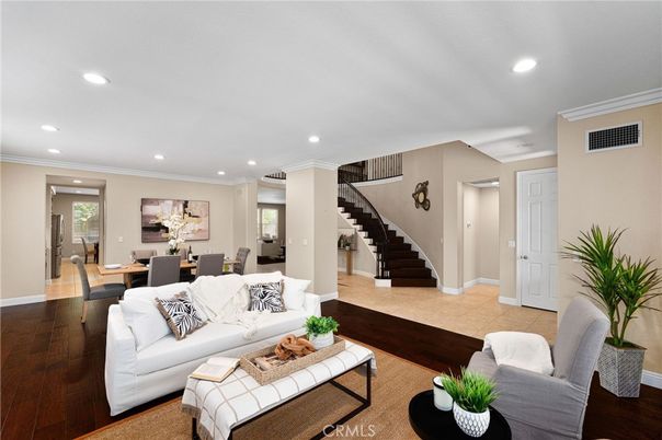 Dining room, Interior, Living room, Recessed Lighting, Wood Texture Flooring