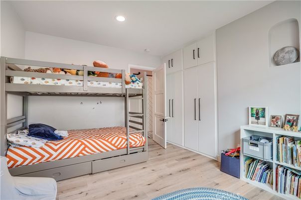 Bedroom, Interior, Recessed Lighting, Wood Texture Flooring
