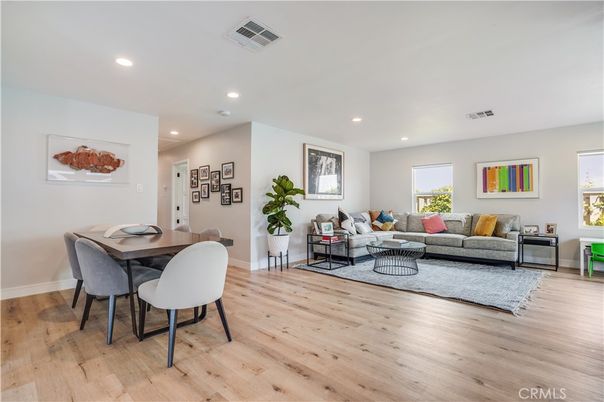 Dining room, Interior, Living room, Recessed Lighting, Wood Texture Flooring