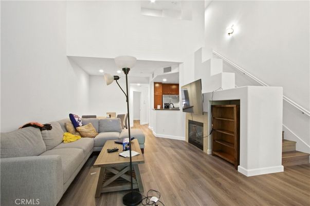Fireplace, Interior, Living room, Recessed Lighting, Wood Texture Flooring