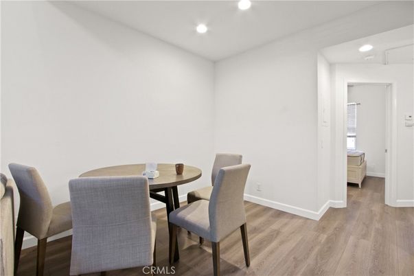 Dining room, Interior, Recessed Lighting, Wood Texture Flooring