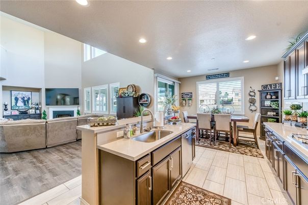 Dining room, Fireplace, Interior, Kitchen, Living room, Recessed Lighting, Wood Texture Flooring