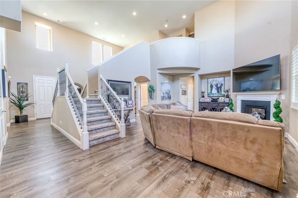 Fireplace, Interior, Living room, Recessed Lighting, Wood Texture Flooring