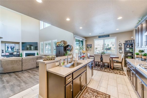 Dining room, Fireplace, Interior, Kitchen, Living room, Recessed Lighting, Wood Texture Flooring