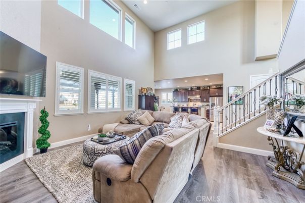 Fireplace, Interior, Kitchen, Living room, Recessed Lighting, Wood Texture Flooring