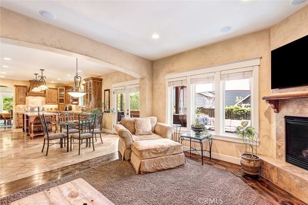 Dining room, Fireplace, Interior, Kitchen, Living room, Pendant Lights, Recessed Lighting, Wood Texture Flooring