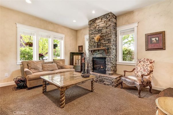 Fireplace, Interior, Living room, Recessed Lighting, Stone Walls