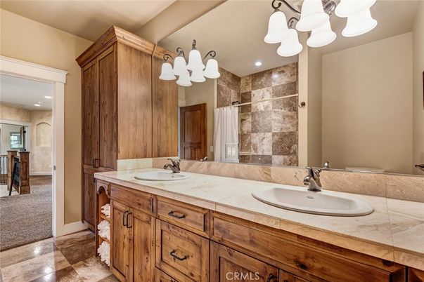 Bathroom, Dual Sink Vanities, Interior, Recessed Lighting, Tile Countertops