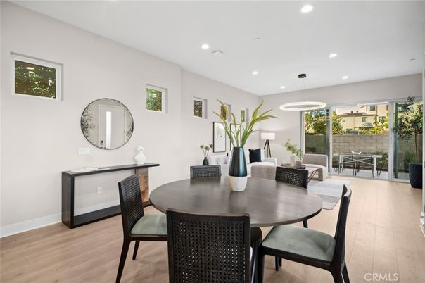 Dining room, Interior, Pendant Lights, Recessed Lighting, Wood Texture Flooring