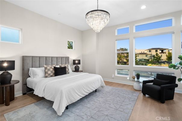 Bedroom, Chandelier, Interior, Recessed Lighting, Wood Texture Flooring
