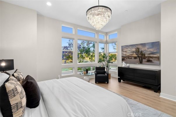 Bedroom, Chandelier, Interior, Recessed Lighting, Wood Texture Flooring